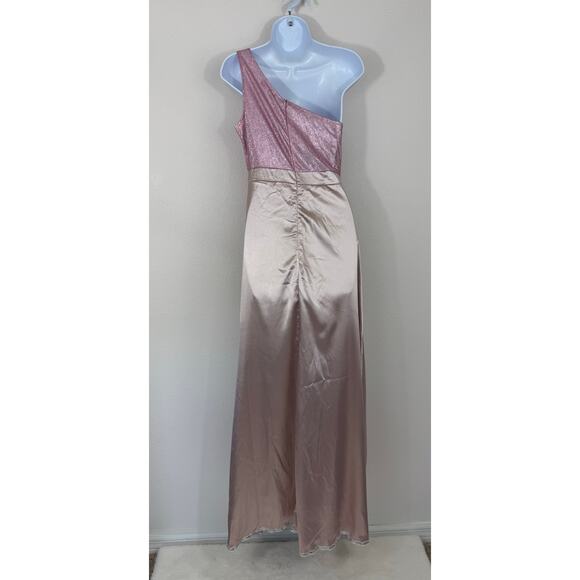 Faeriesty Pink Glitter One-Shoulder Satin Maxi Gown | Size S | New Without Tags - Picture 8 of 8
